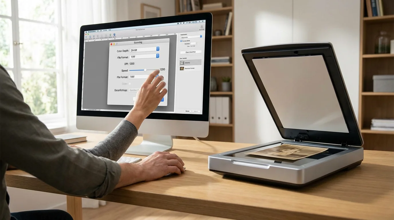 A person adjusting high-resolution DPI settings on a scanner software before scanning an old photograph.