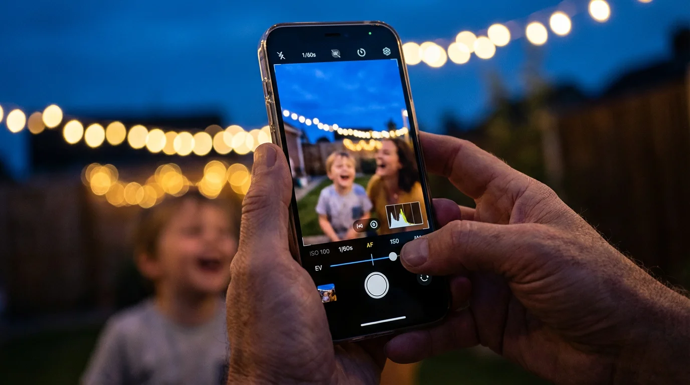 A person adjusting smartphone camera settings to photograph their family in a backyard at dusk.
