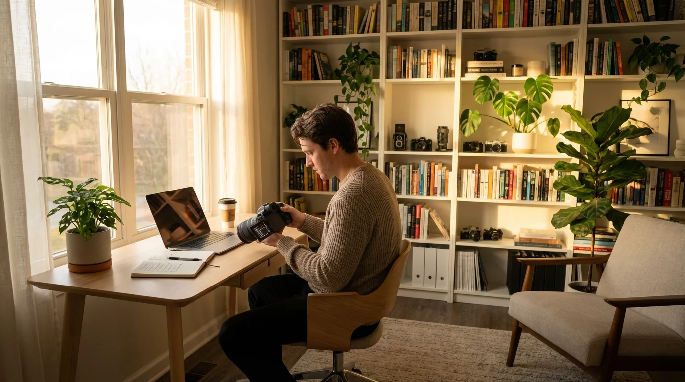 A person adjusts DSLR camera settings while sitting at a desk in a sunlit home office.
