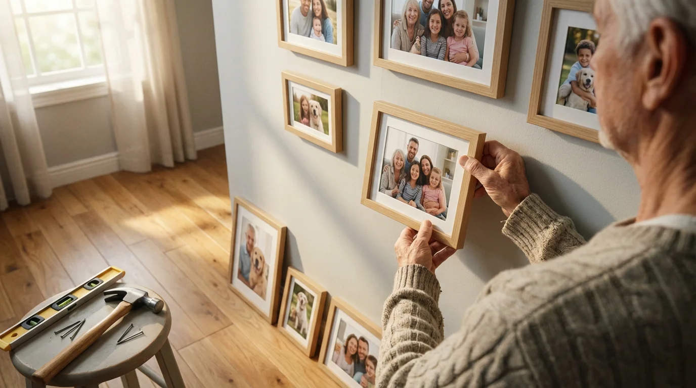 A person arranging a gallery wall of framed family photos in a sunlit room.