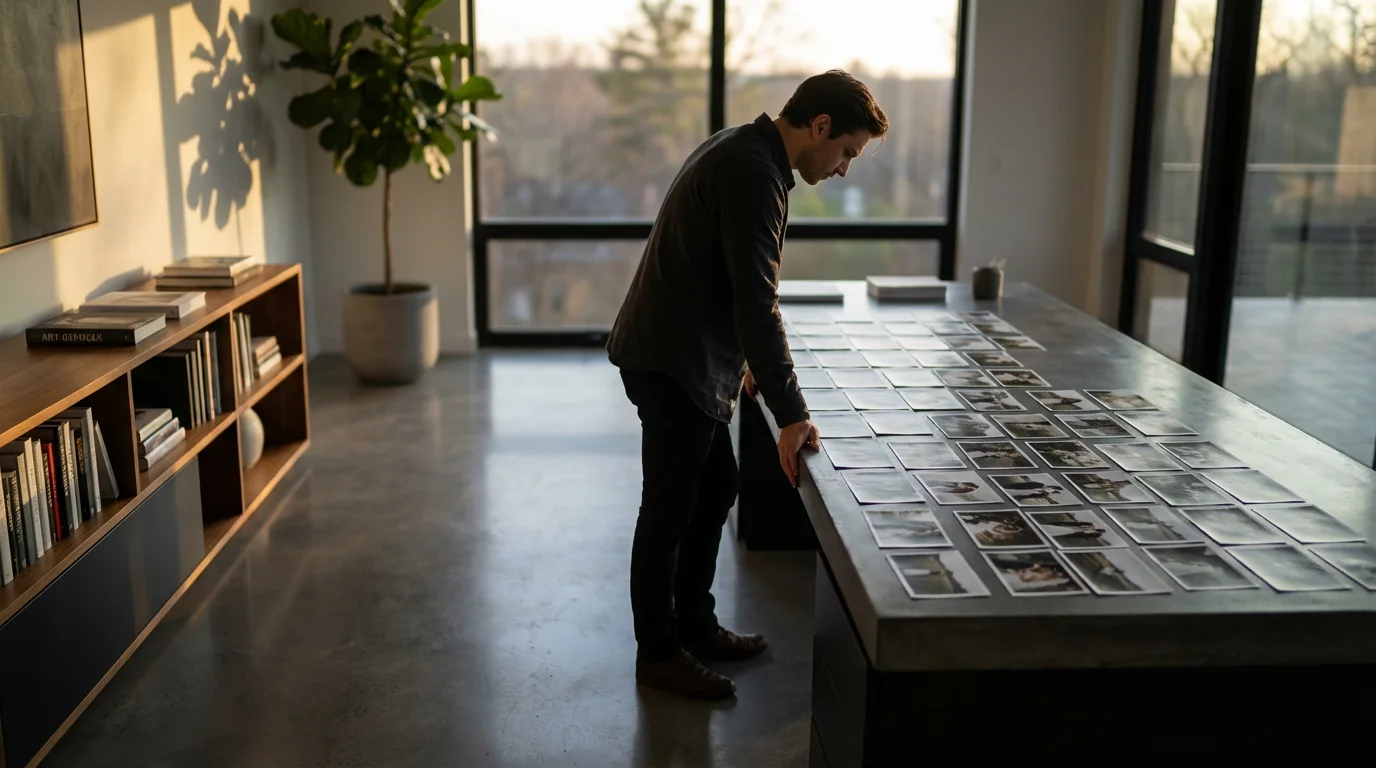 A person arranging wedding photos on a large desk in a sunlit, modern office.
