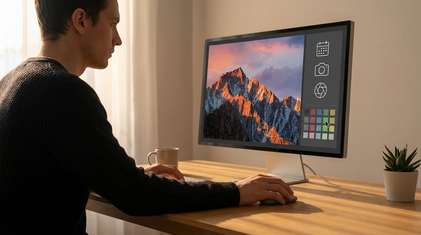 A person at a desk adding graphical metadata tags to a digital photo on a computer.