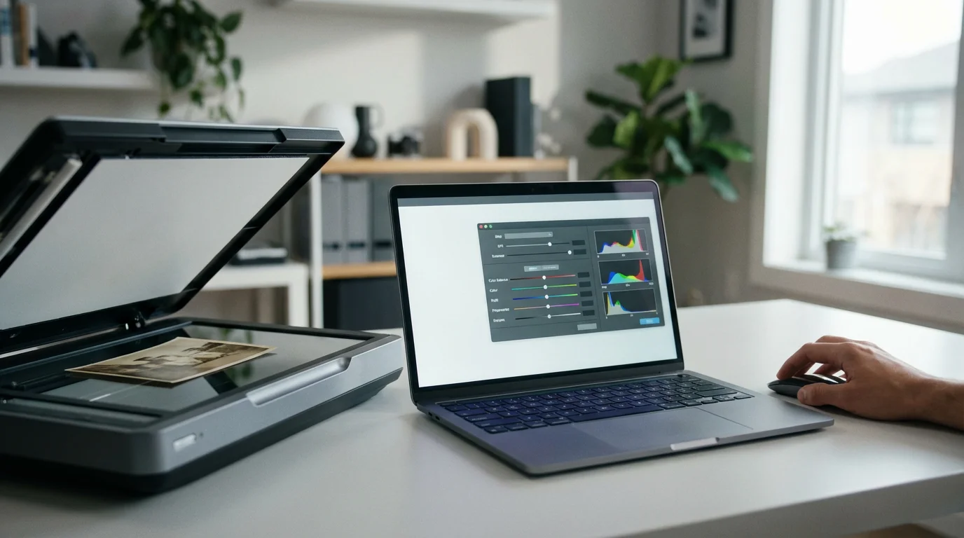 A person at a desk adjusting scanner software settings on a laptop for photo digitization.