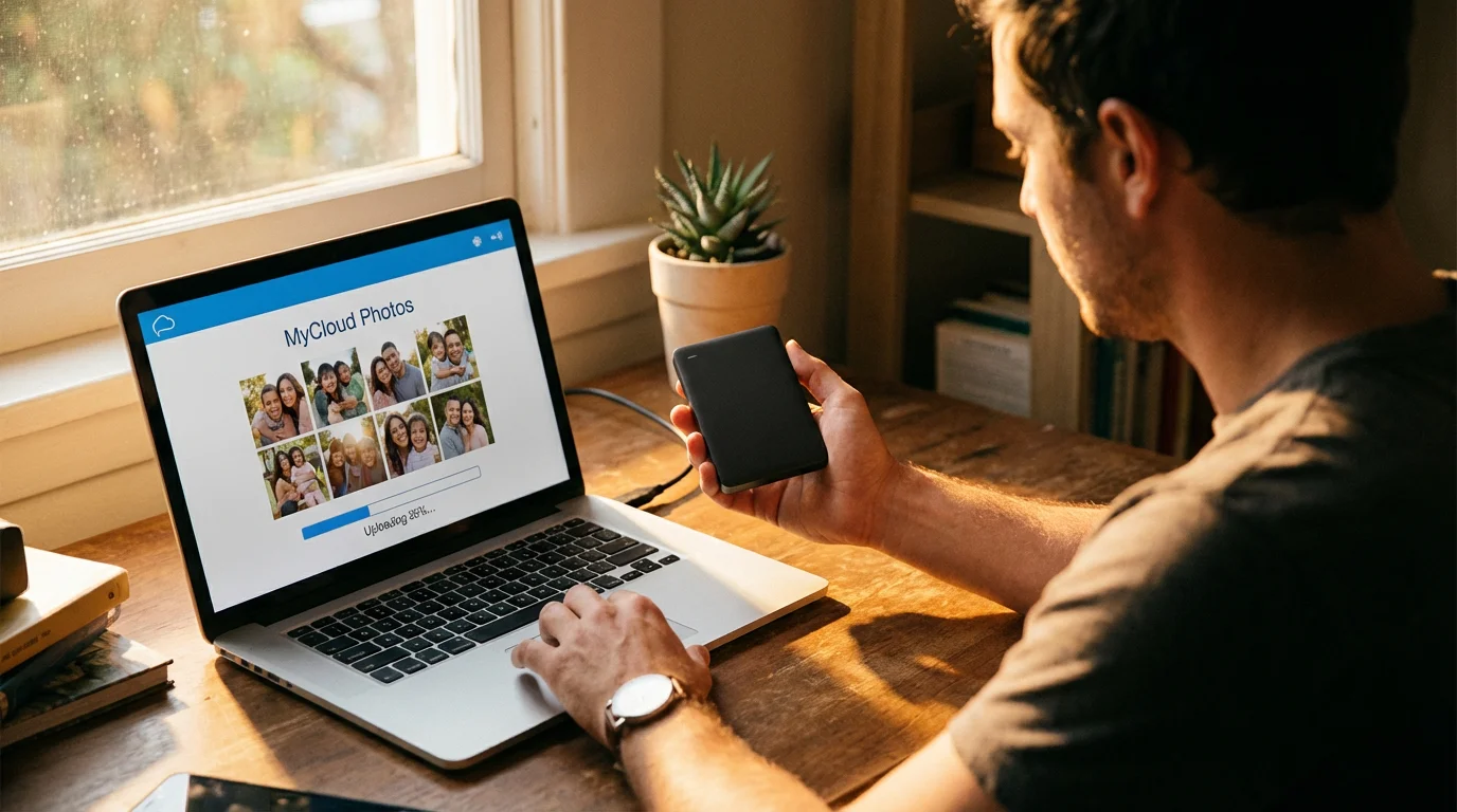 A person at a desk comparing an external hard drive with cloud photo storage.