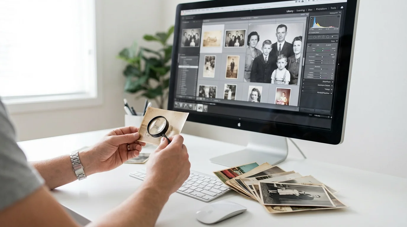 A person at a desk comparing original vintage photos to their digital scans on a computer.