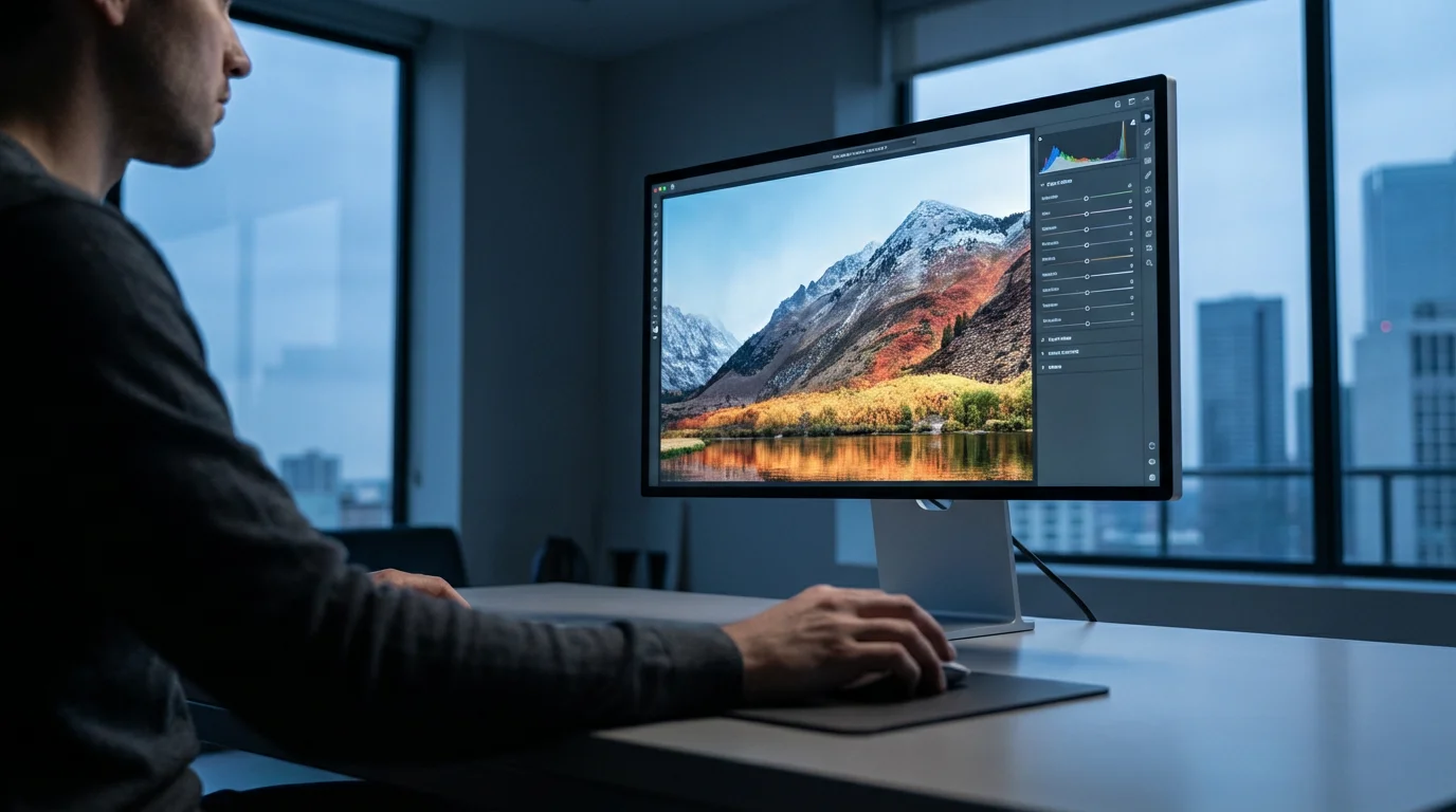 A person at a desk editing a detailed landscape photograph on a large monitor.