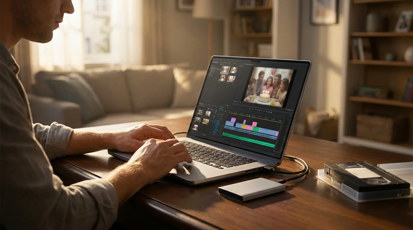 A person at a desk editing digitized home videos on a laptop in the afternoon.