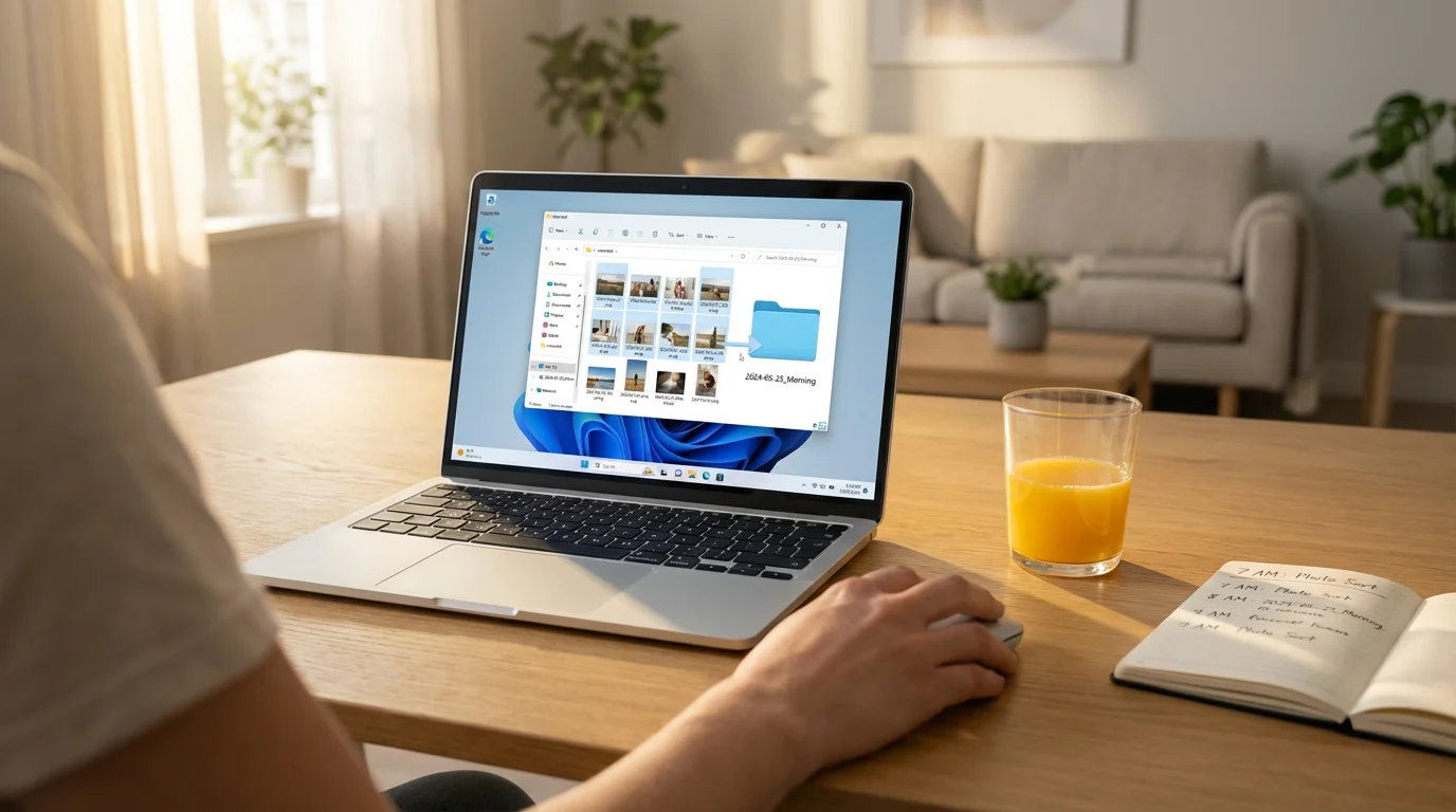 A person at a desk in morning light organizing digital photos on a laptop.