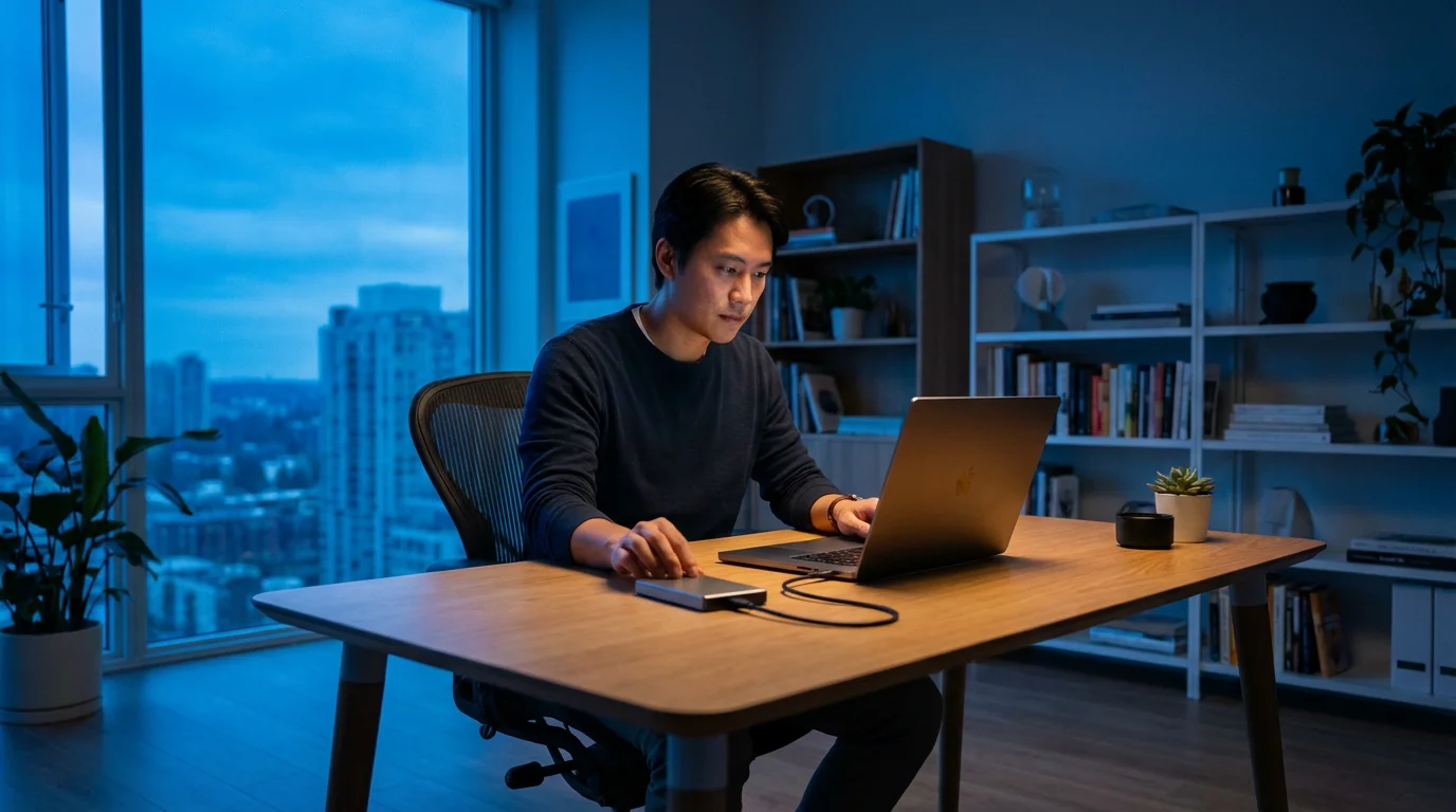 A person at a desk in the evening backing up laptop photos to an external hard drive.