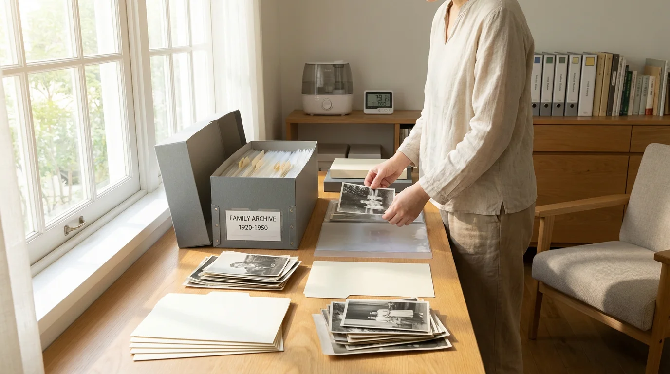 A person at a desk meticulously organizing a collection of old photographs into archival storage materials.