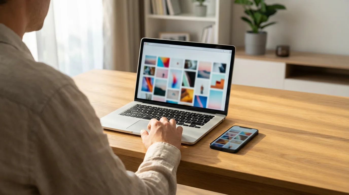 A person at a desk organizing a digital photo library across a laptop and smartphone.