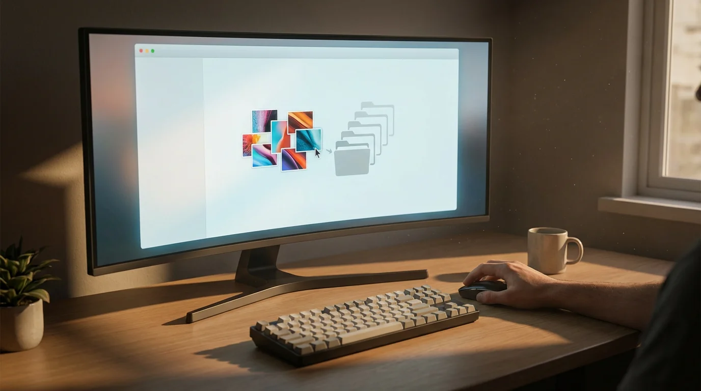 A person at a desk organizing digital photos into folders on a computer screen.