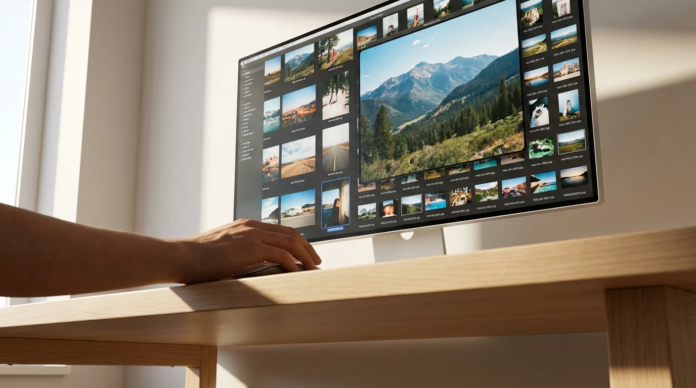 A person at a desk reviewing high-resolution scanned slide images on a large computer monitor.