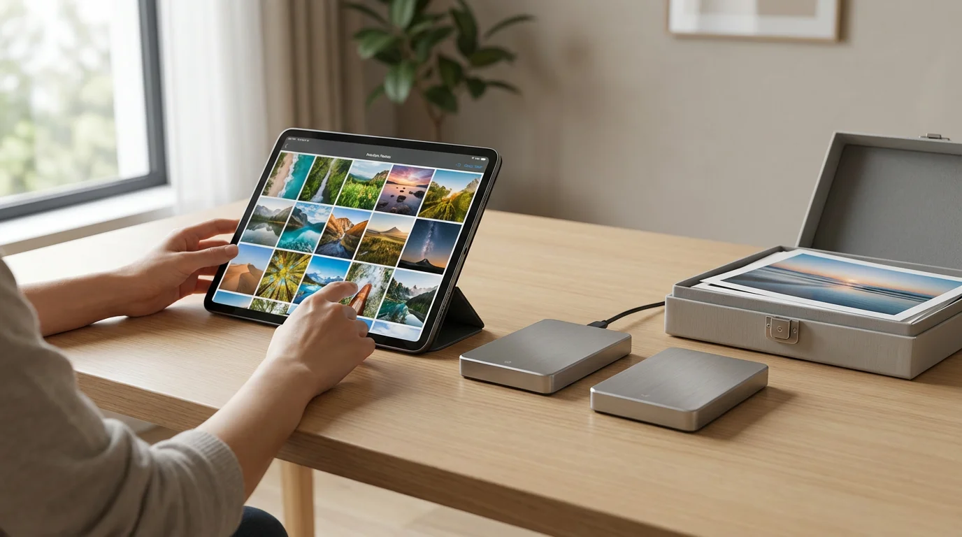 A person at a sunlit desk organizing digital photos on a tablet next to external hard drives.