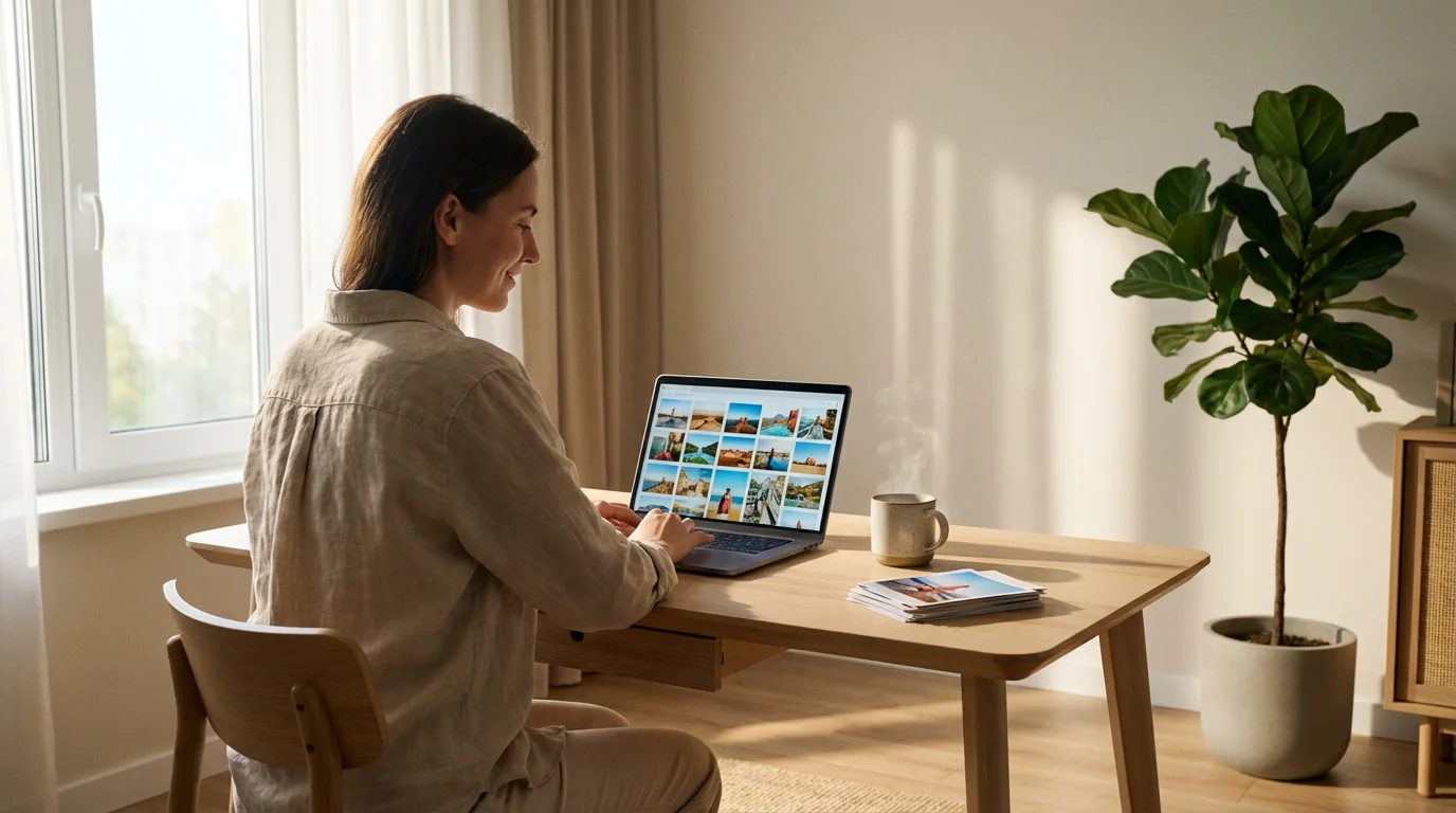 A person at a sunlit desk organizing photos on a laptop in the morning.