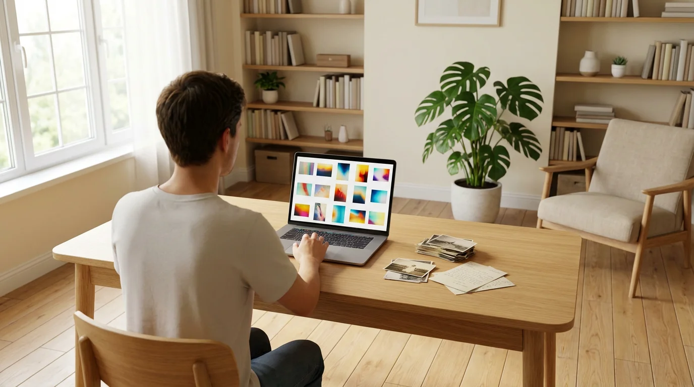A person at a tidy desk organizing digital photos on a laptop next to physical prints.