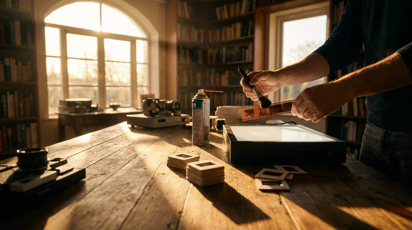 A person carefully cleaning 35mm film negatives on a wooden table during golden hour.