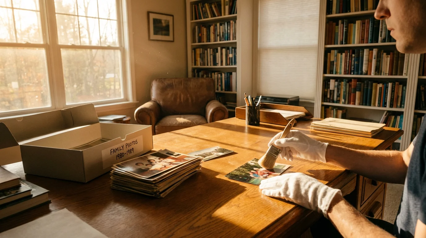 A person carefully cleaning vintage photographs on a wooden desk during golden hour at home.