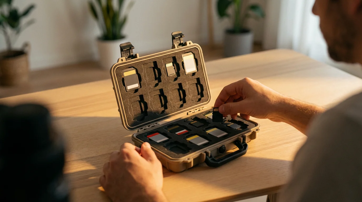 A person carefully organizes multiple SD and microSD memory cards into a protective storage case.