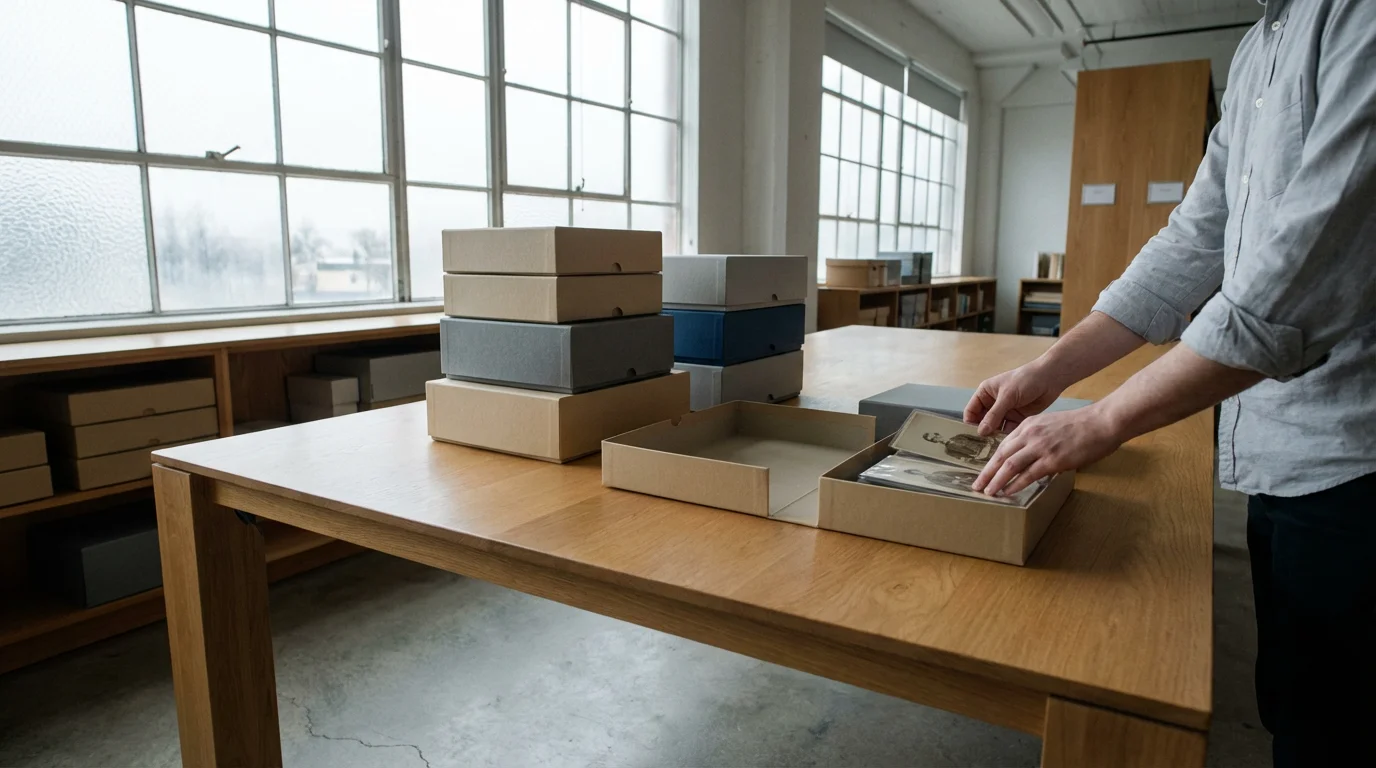 A person carefully organizing antique photographs into archival-quality storage boxes in a bright, clean room.