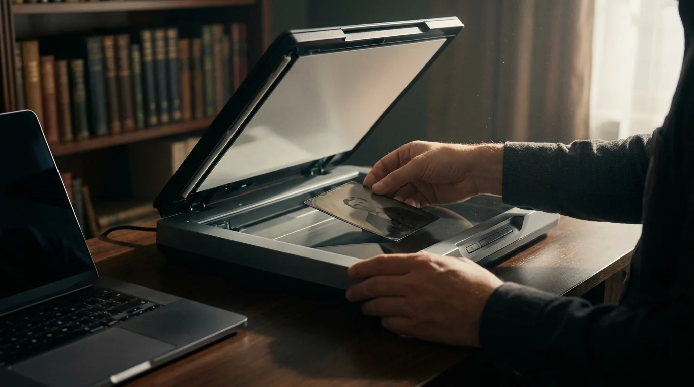 A person carefully places an antique tintype photograph onto a flatbed scanner at a desk.