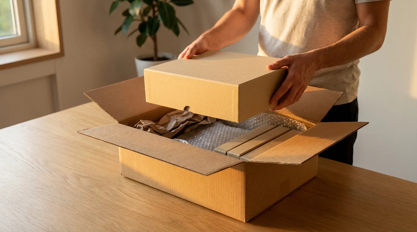 A person carefully unboxing new, high-quality archival photo storage boxes during a warm golden hour.