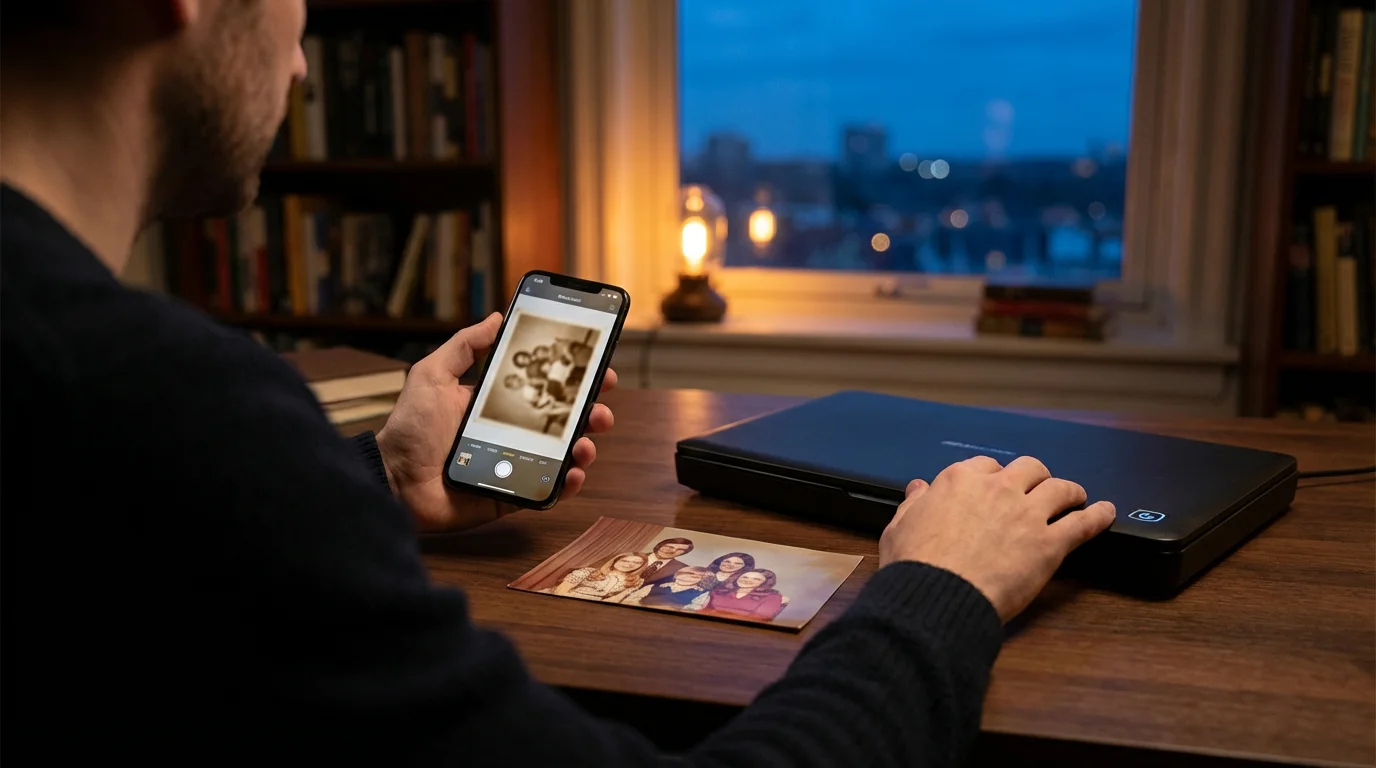 A person comparing a smartphone photo scan to a dedicated photo scanner at dusk.