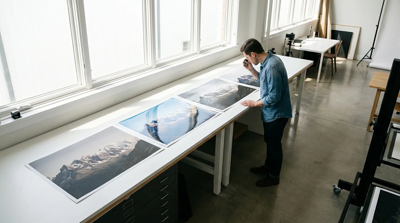 A person comparing identical photo prints with different finishes on a workbench in a studio.