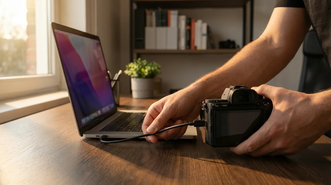 A person connecting a digital camera to a laptop on a wooden desk at sunset.