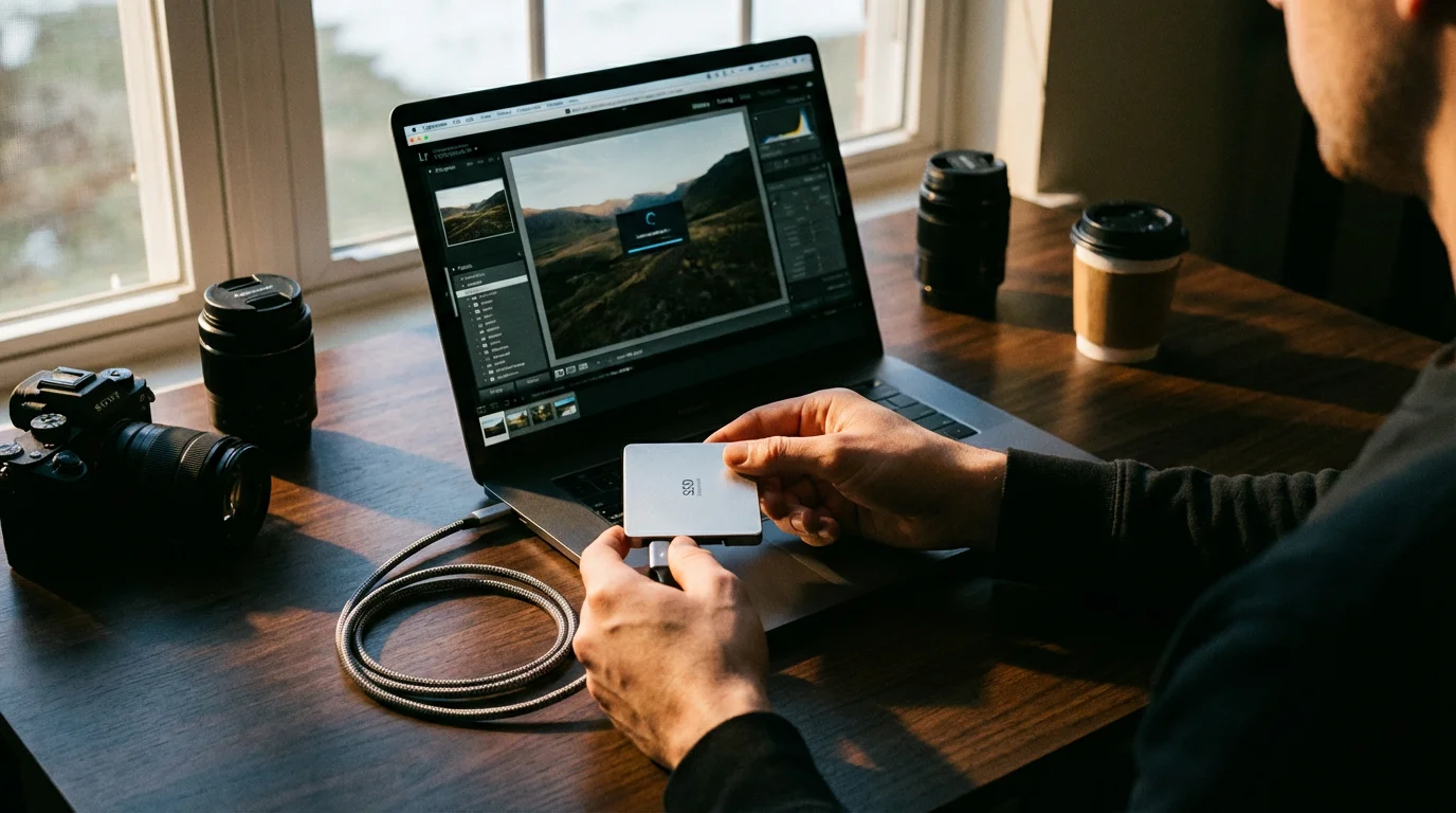 A person connecting a fast external SSD drive to a laptop on a desk.