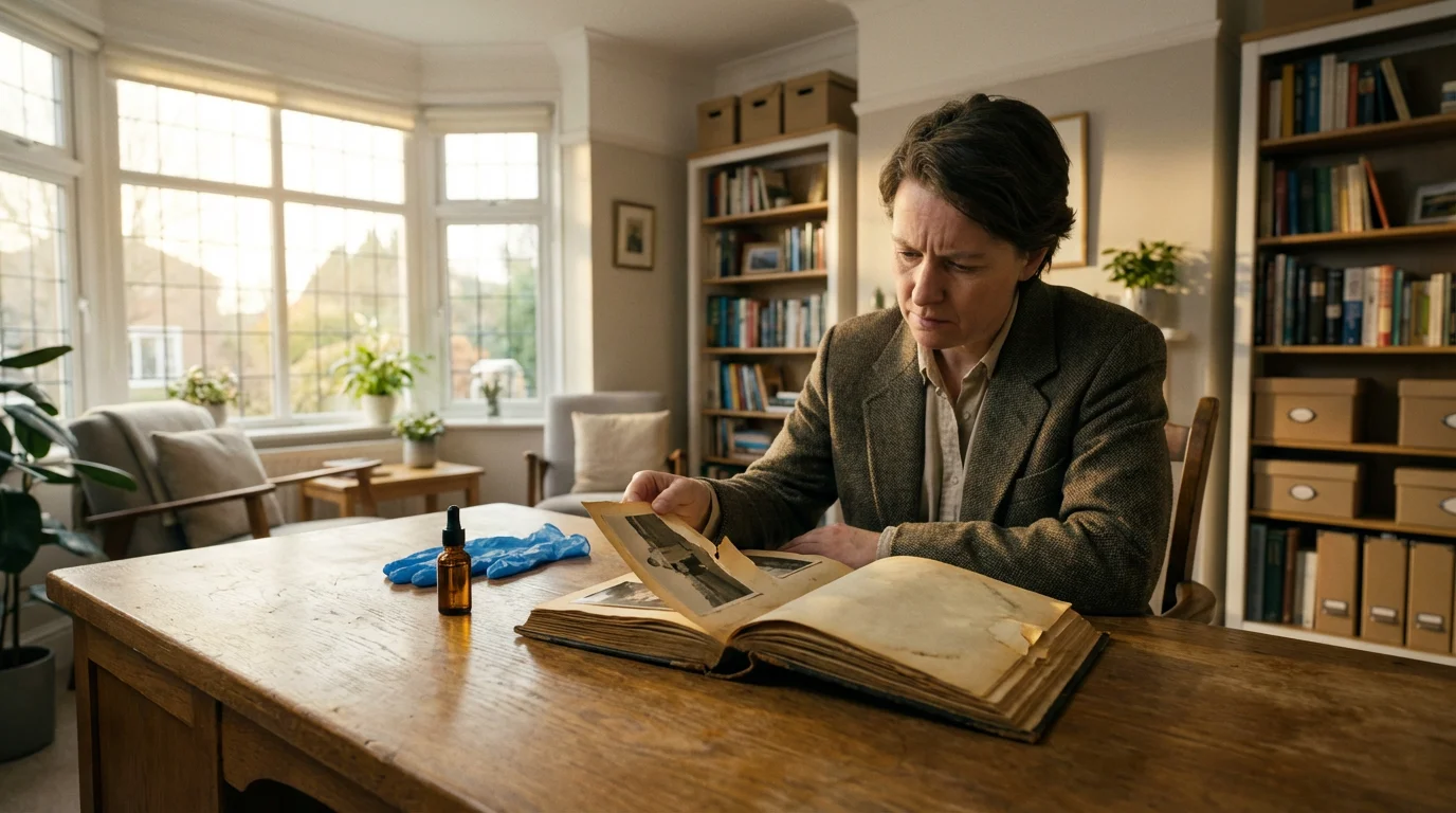 A person contemplates a damaged vintage photo album on a desk in a sunlit study.