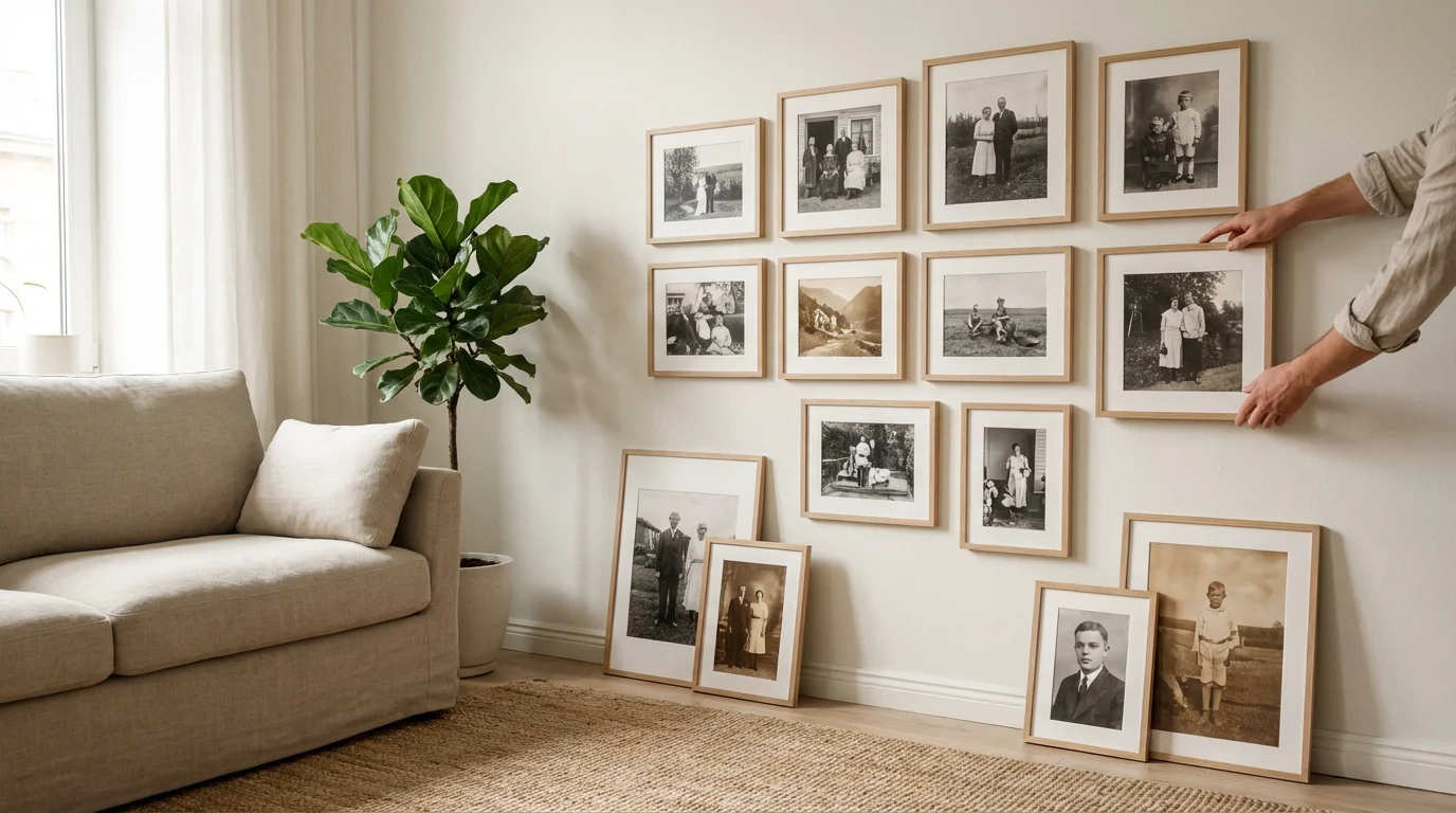 A person creates a gallery wall with framed, restored vintage photographs in a brightly lit, modern living room.