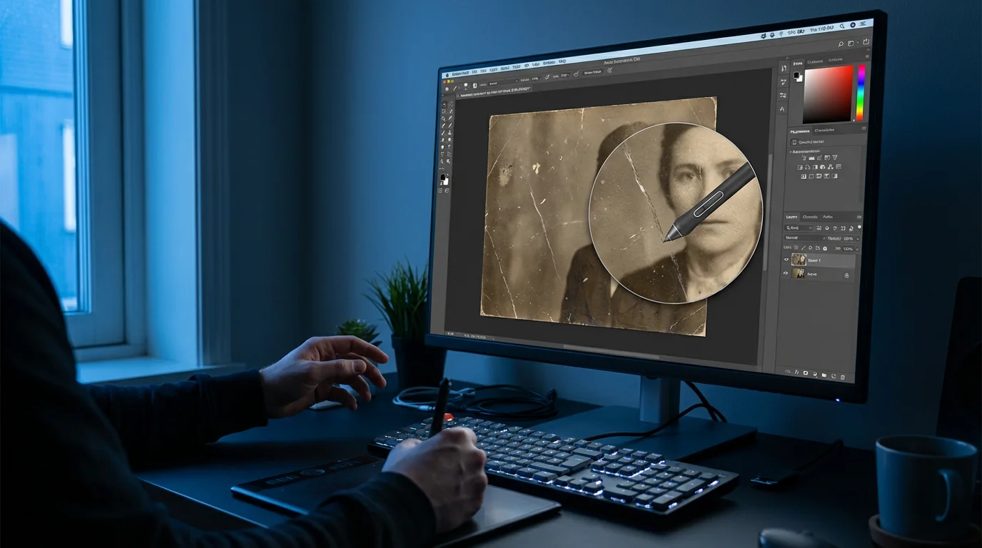 A person digitally removes scratches from a vintage photo using software on a computer.