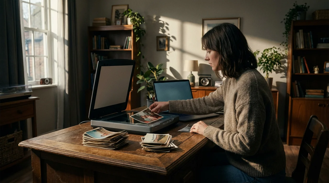 A person digitizing old family photographs using a flatbed scanner in a home office.
