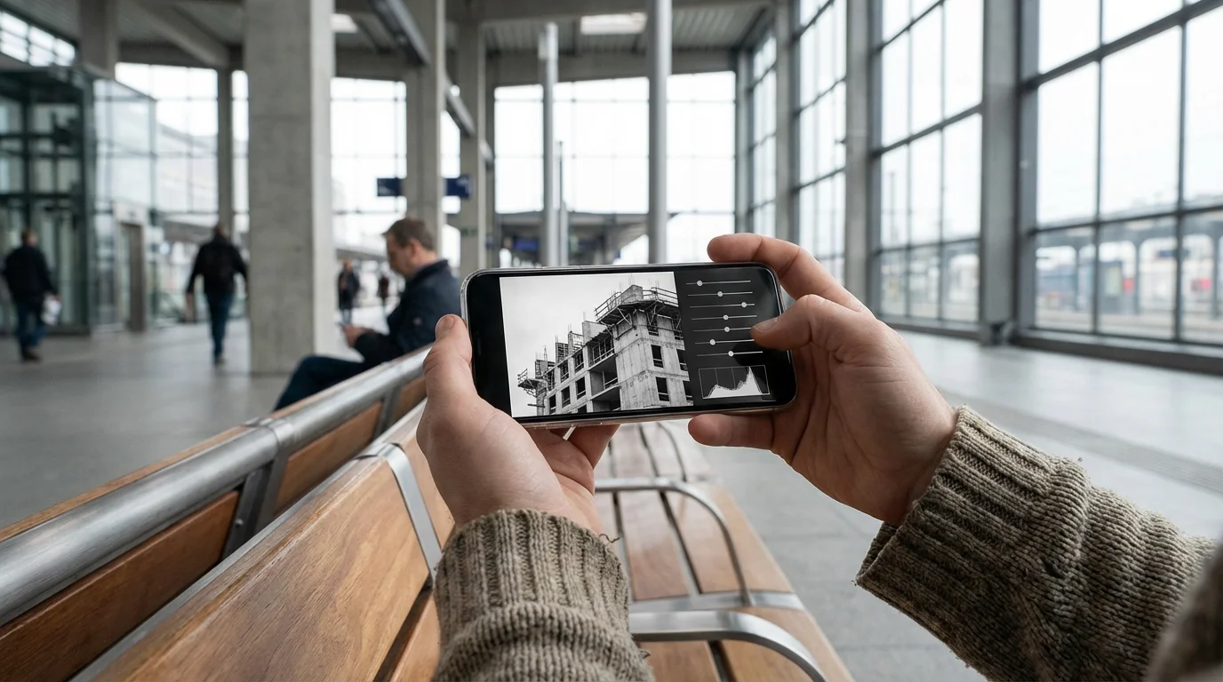 A person editing a black and white architectural photo on a smartphone in a modern concourse.