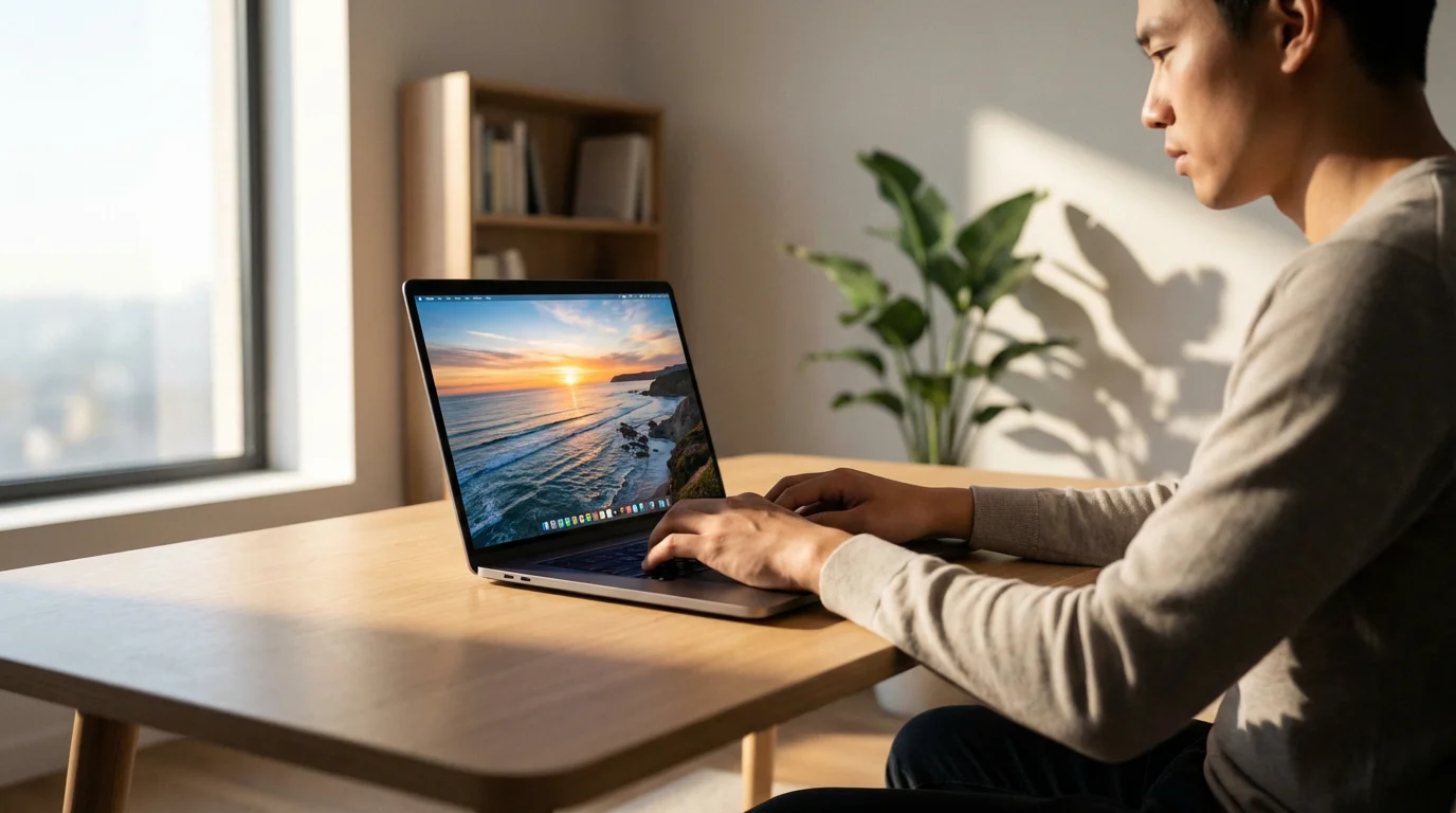 A person editing a coastal sunrise photo on a laptop in a bright, modern room.