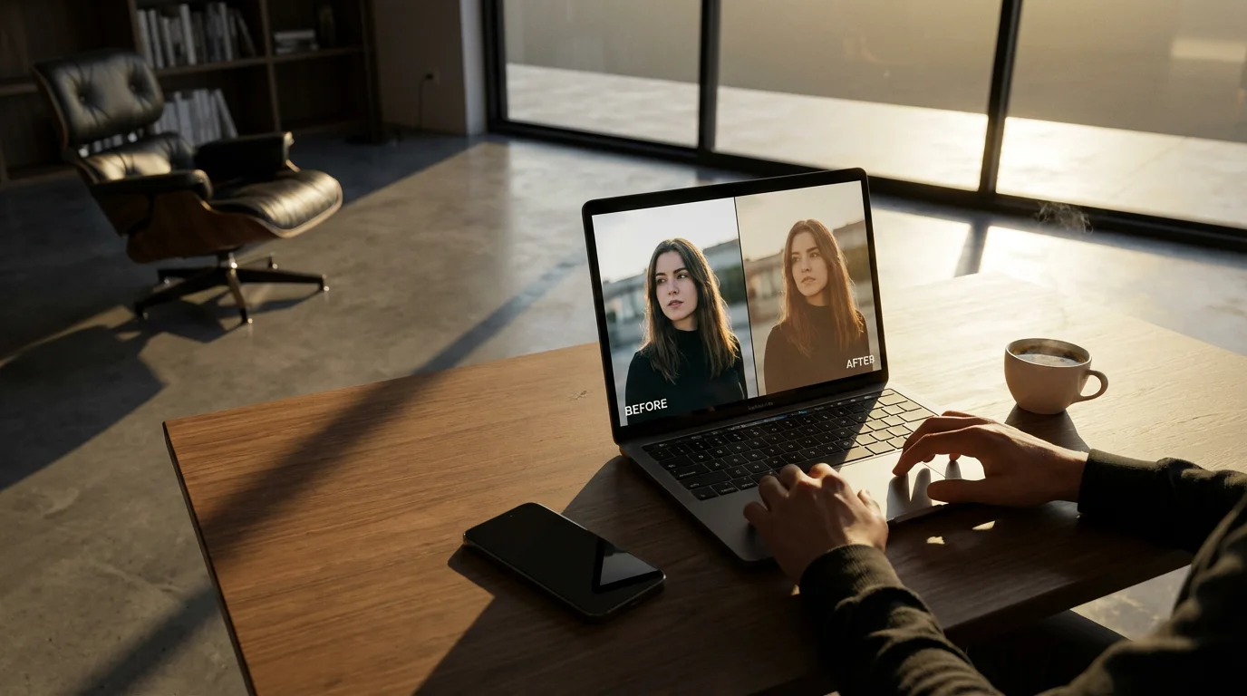A person editing a photo on a laptop to create a vintage retro effect.
