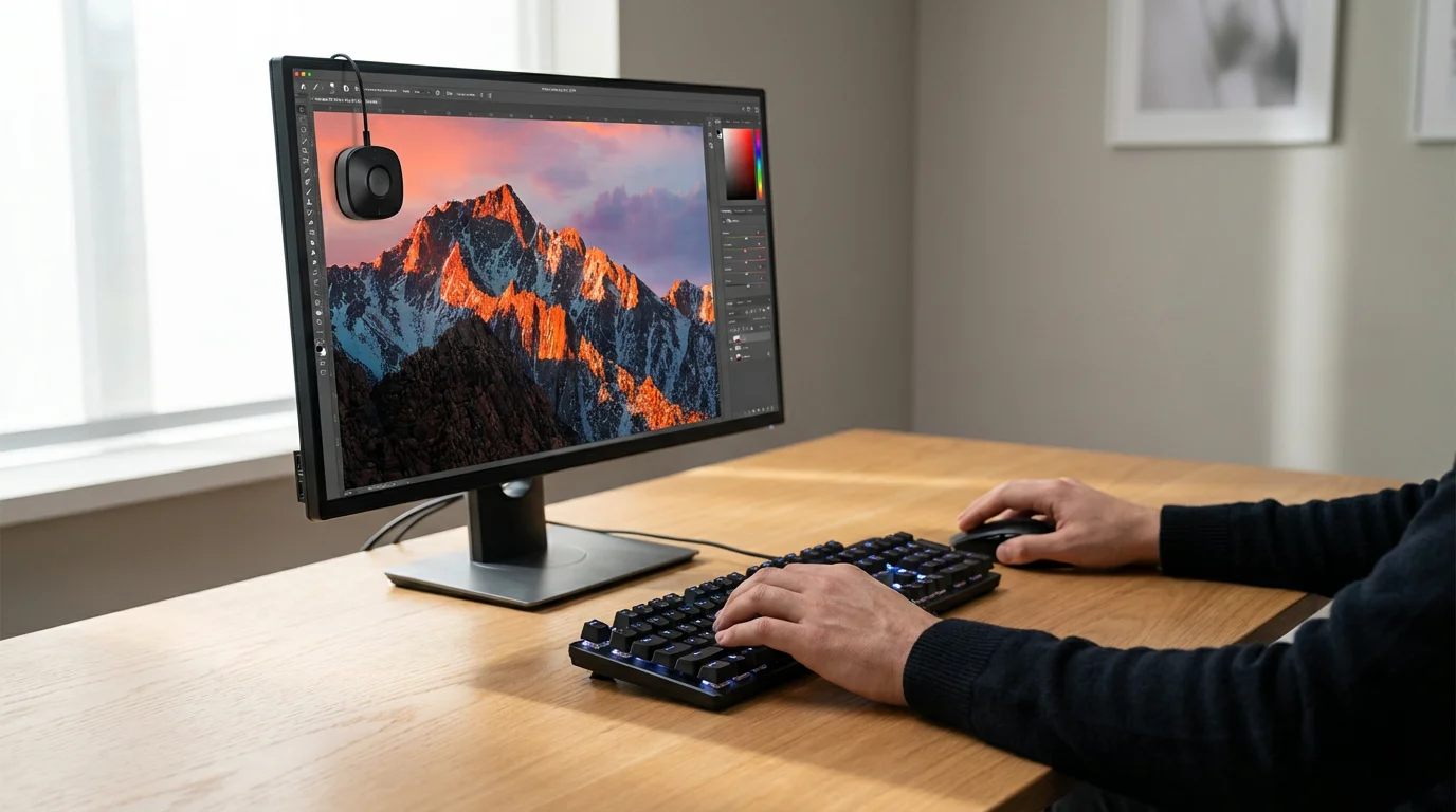 A person editing a photograph on a color-calibrated monitor for professional quality photo printing.