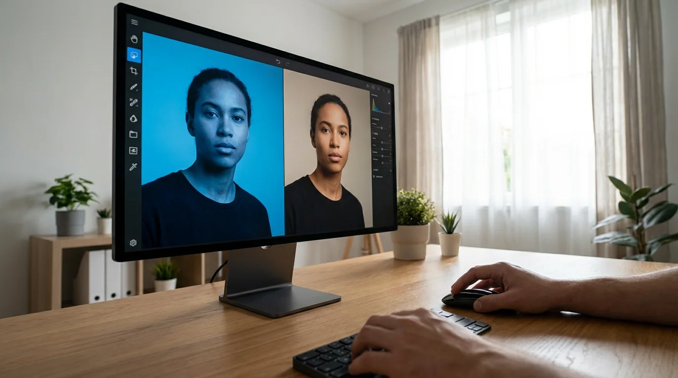 A person editing a portrait photo on a computer, correcting the white balance.
