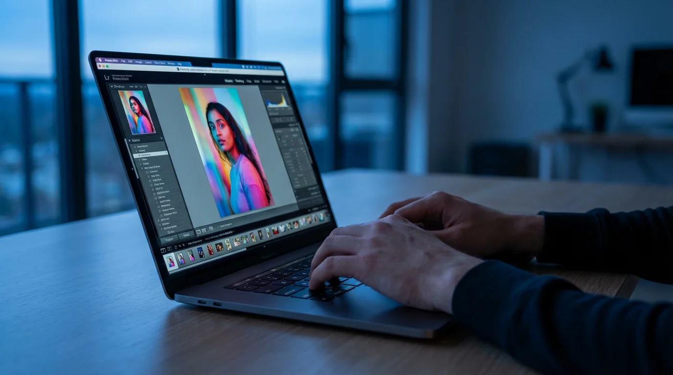 A person editing a portrait photo on a laptop in a modern office at dusk.