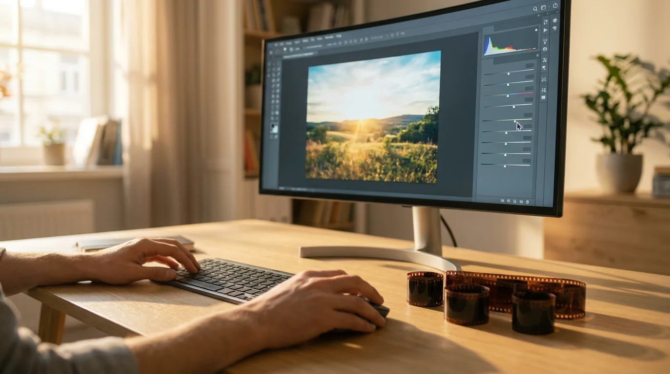 A person editing a scanned 35mm film photograph on a computer during golden hour.