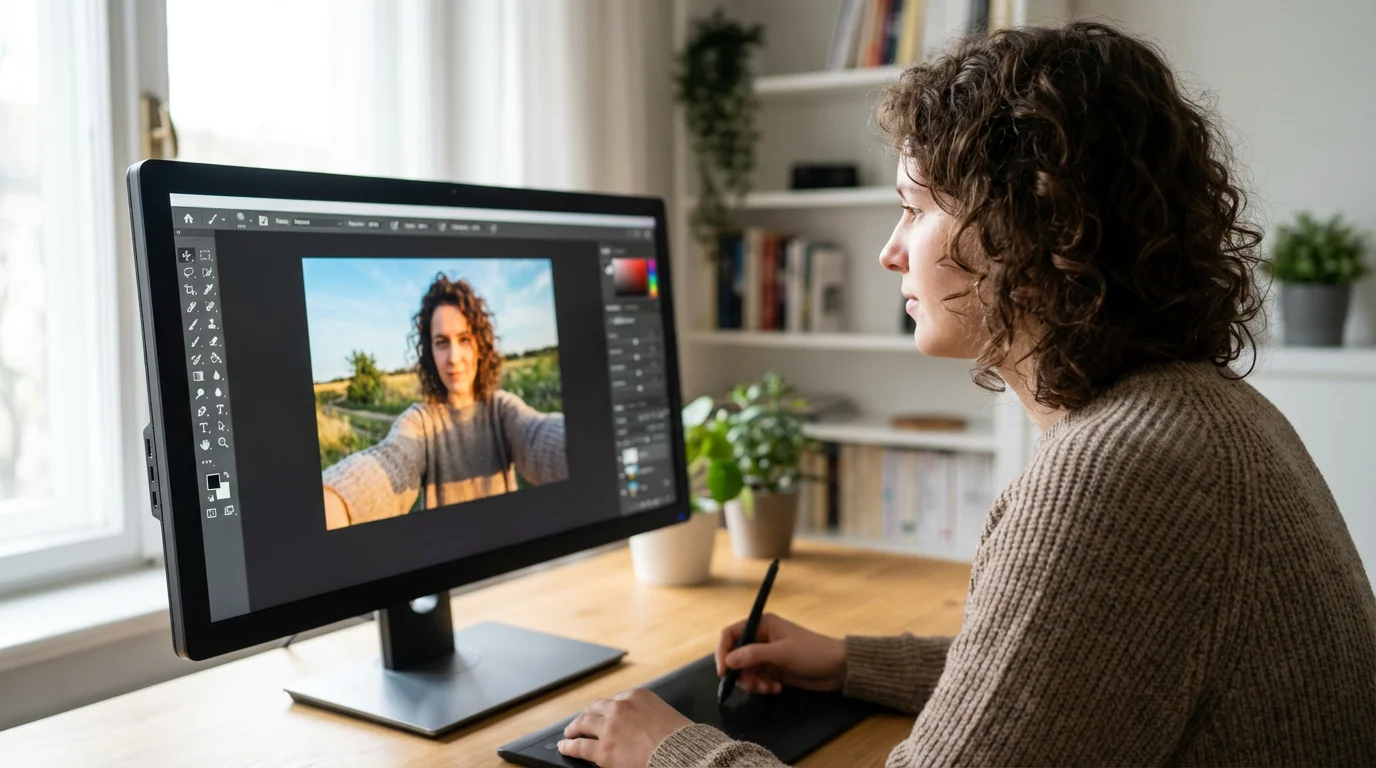A person editing a self-portrait on a computer using a stylus and graphics tablet.