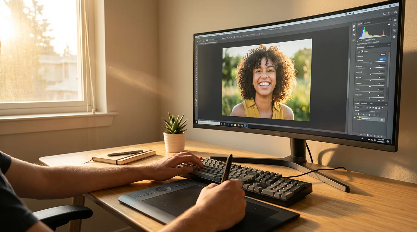 A person editing a sunlit natural light portrait on a computer during golden hour.