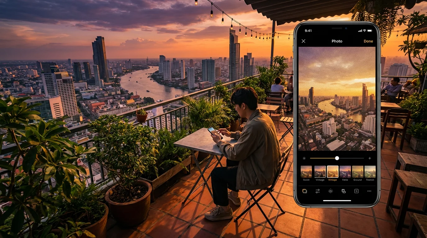 A person edits a photo on their smartphone at a rooftop cafe during sunset.