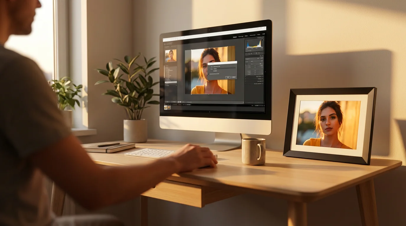 A person edits a portrait on a computer, with the final image on a digital frame.
