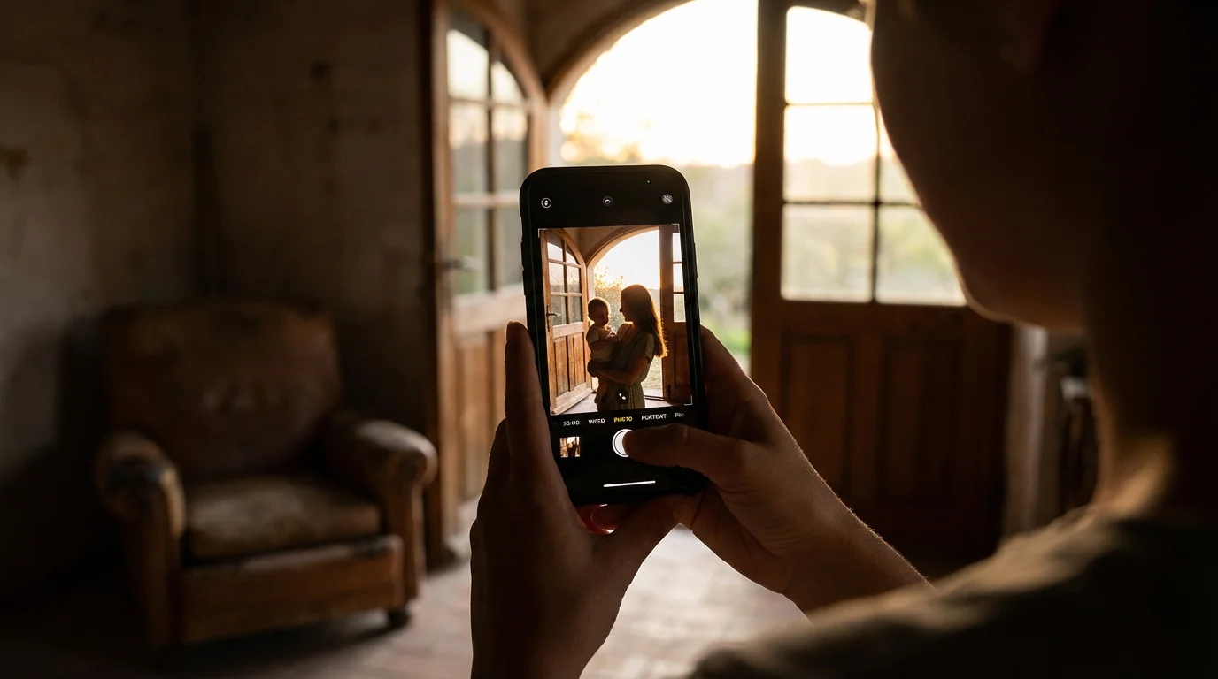 A person framing a photo of a mother and child with a smartphone.