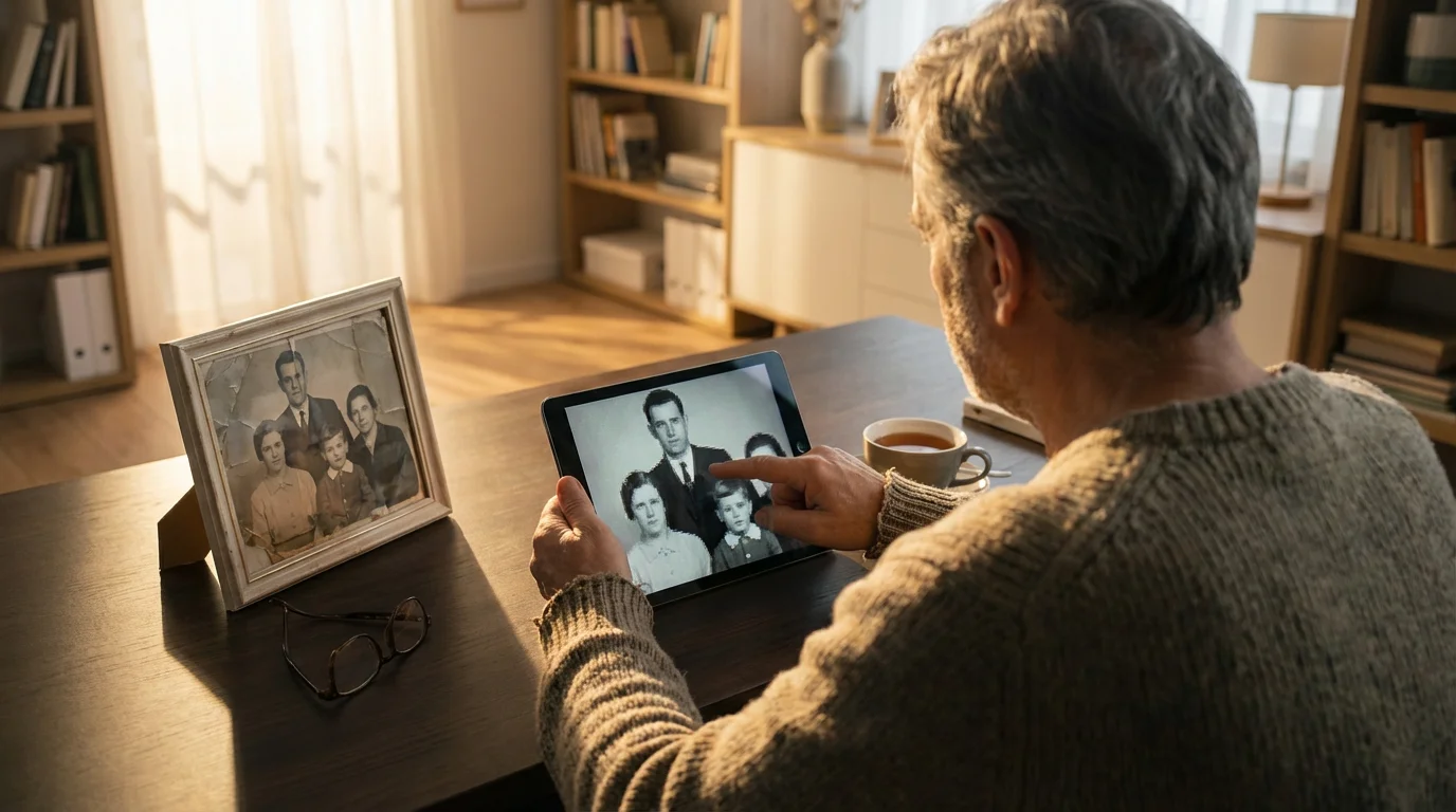 A person from over the shoulder inspects a restored photo on a tablet during golden hour.