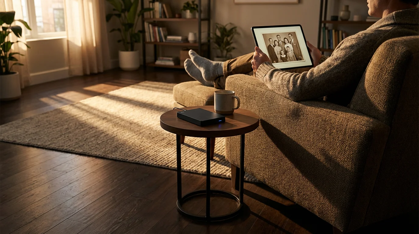 A person holding a tablet displaying a restored vintage photo next to an external hard drive.