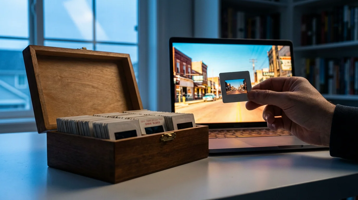 A person holding a vintage 35mm slide in front of a laptop displaying it digitally.
