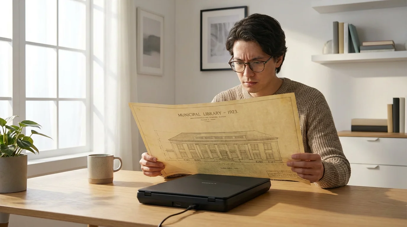 A person holds a large blueprint that is too big to fit on a scanner.